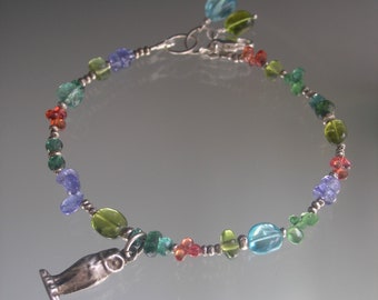 Blues Violets Orange Gemstone Beaded Skinny Bracelet w/ Vintage Sterling 3-D Barn Owl Charm Sapphires, Tourmaline, Tsavorite, Apatite