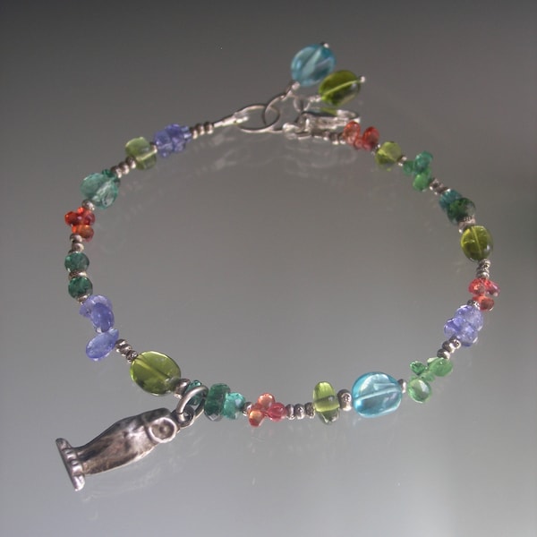 Blues Violets Orange Gemstone Beaded Skinny Bracelet w/ Vintage Sterling 3-D Barn Owl Charm Sapphires, Tourmaline, Tsavorite, Apatite