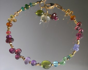 Skinny Rainbow Gemstone Beaded Bracelet Vermeil 14k Gold Fill Tourmaline Tanzanite Garnet Sapphire Artisan Handmade