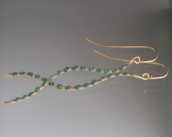 Long Emerald Gold Filled Earrings Curvy Gemstone Studded Dangles 3 1/2” Artisan Handmade