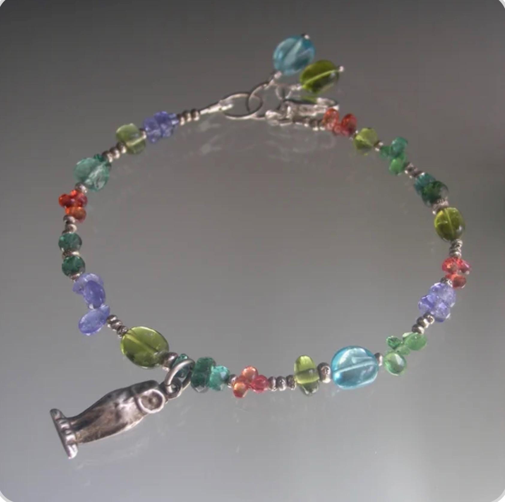 Gemstone Beaded Bracelet, Vintage Sterling Owl Charm, Sapphires, Tourmaline