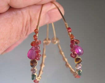 Fuchsia Sapphire 14k Gold Filled Oval Hoops Caramel Hued Citrine Green Apatite Lavender Amethyst Gemstone Earrings