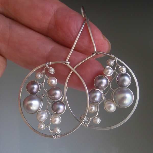 Sterling Silver Pearl Vine Hoops Lightweight Earrings Artisan Handmade