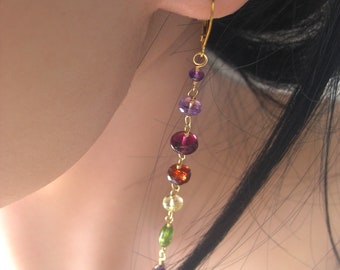 Amazing Gemstone Linked Linear 14k Gold Filled Earrings 4” Long Lever Backs Purple Garnet Tourmaline Amethyst Artisan Handmade
