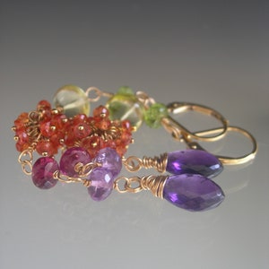 Long Multi Gemstone 14k Gold Filled Linked Earrings Orange Sapphire Clusters Magenta Garnet Amethyst Lemon Quartz Lever Backs 3 1/2 image 3