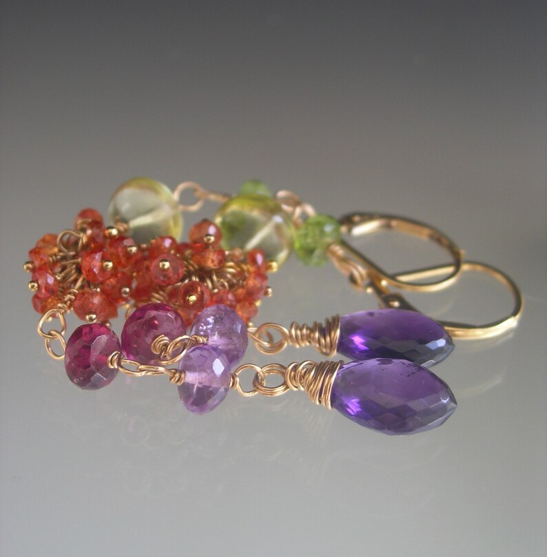 Long Multi Gemstone 14k Gold Filled Linked Earrings Orange Sapphire Clusters Magenta Garnet Amethyst Lemon Quartz Lever Backs 3 1/2 image 3