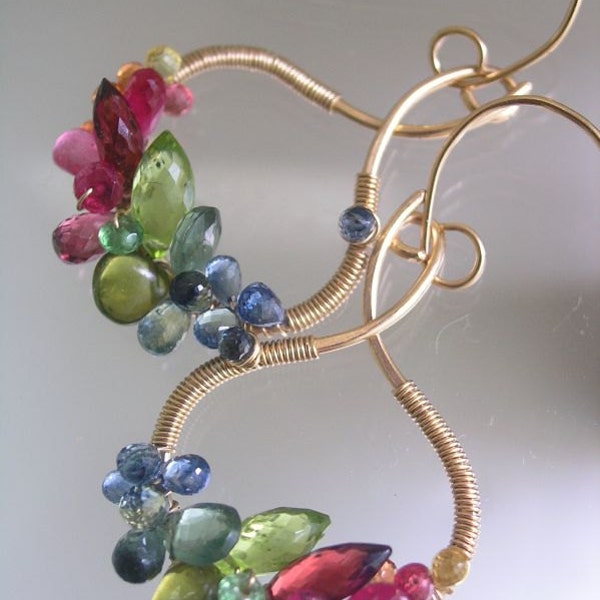 Petite Kisses and Jewels...Sapphires Amethyst Garnet Apatite Encrusted Original Gold Filled Shapely Hoop Earrings...MADE TO ORDER