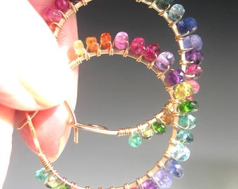 Rainbow Gemstone 14k Gold Filled Hoops 1 1/4” Artisan Designed in 1993 Bellajewels