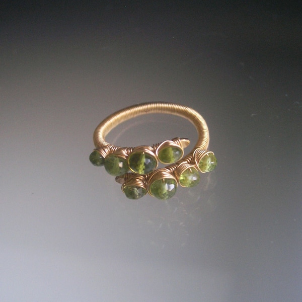 Peridot Ring, 14k Gold Filled Wire Wrapped Wraparound Ring with Vesuvianite Olive and Apple Green Size 6 August Birthstone Artisan Designed