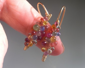 Pastel Sapphire Earrings Small 14k Gold Filled Confetti Gemstone Dangles Pink Blue Green Orange Artisan Handmade