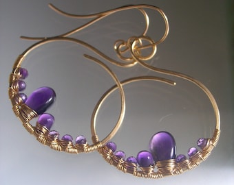 Amethyst Earrings 14k Gold Filled Wire Wrapped Hoop Earrings Artisan Handmade