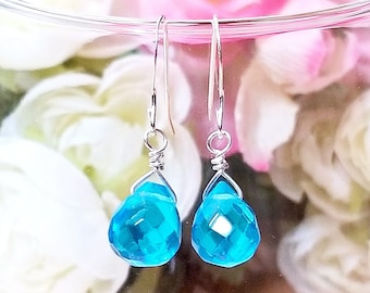 Sterling Silver Turquoise Blue Glass Quartz Briolette Dangle Earrings