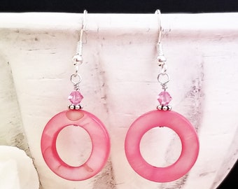 Pink Mother of Pearl Donut Dangle Earrings - Swarovski elements bicone beads