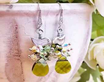 Olivine Green Flat Briolette Swarovski Crystal Bird Nest Dangle Earrings with CZ Rhodium Plated Ear Wire