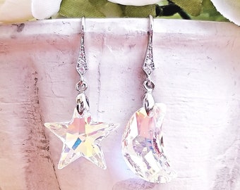 Aurora Borealis Swarovski Crystal Elements Star Moon Dangle Earrings – Cubic Zirconia Ear Hooks