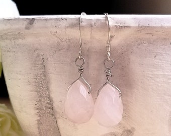 Pink Rose Quartz Faceted Briolettes Sterling Silver Dangle Earrings~Light Pink~Pale Pink~gift for her~gemstone earrings~lovely earrings~cute