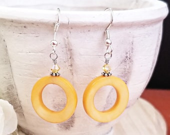 Canary Yellow Mother of Pearl Donut Dangle Earrings – Swarovski elements bicone beads