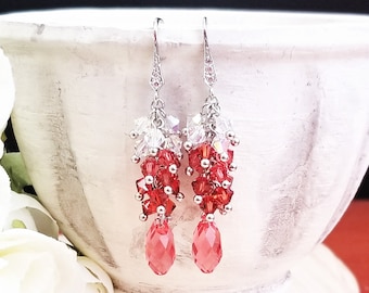 Padparadscha salmon orange Swarovski Crystal Elements Cascade Earrings – Cubic Zirconia Original Rhodium Hooks
