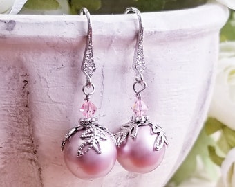 Pink Swarovski Pearl Bay Leaf Dangle Earrings with Cubic Zirconia Rhodium Plated Ear Wire