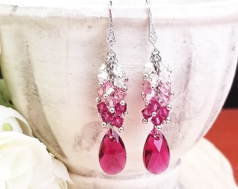 Ruby Pink Swarovski Crystal Elements Cascade Earrings – Cubic Zirconia Original Rhodium Hooks