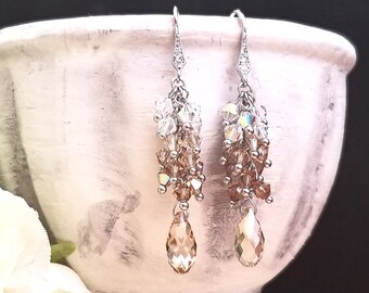 Swarovski Crystal Elements Cascade Earrings – Golden Shadow, Cubic Zirconia Original Rhodium Hooks