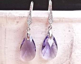 Tanzanite Purple Swarovski Crystal Teardrop Dangle Earrings with Cubic Zirconia Rhodium Plated Ear Wire