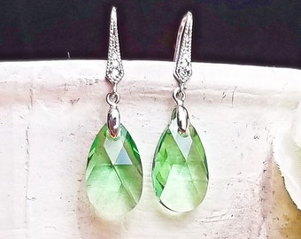 Green Peridot Teardrop Swarovski Crystal Dangle Earrings with CZ Rhodium Plated Ear Hook
