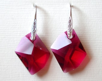 Ruby Fuchsia Pink Cosmic Swarovski Crystal Pendant Dangle Earrings–Cubic Zirconia Rhodium Plated Hook