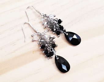 Jet Black Swarovski Crystal Cascade Earrings – Cubic Zirconia Original Rhodium Hooks
