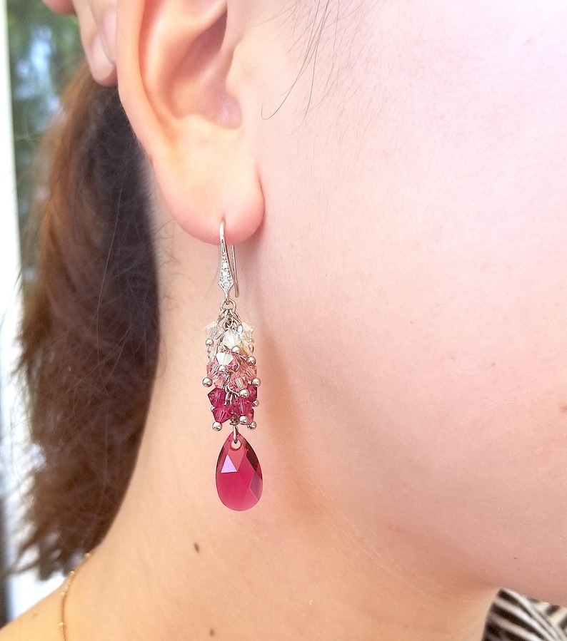 Boucles d'oreilles cascade rose rubis avec cristaux Swarovski Elements - Crochets originaux en rhodium et zircone image 9