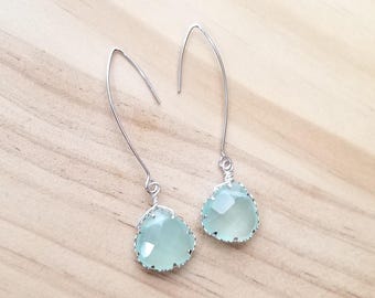 Pale Aqua Chalcedony Flat Briolette Bezel Wired Long Dangle Earrings