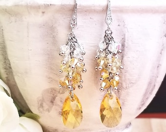 Light Topaz Yellow Swarovski Crystal Elements Cascade Earrings - Cubic Zirconia Original Rhodium Hooks
