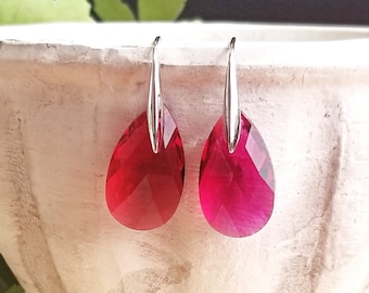 Ruby Pink Swarovski Teardrop Crystal Dangle Earrings with Rhodium Plating
