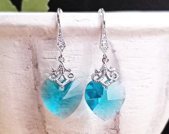 Peacock Blue Swarovski Crystal Heart Dangle Earrings with CZ Rhodium Plated Ear Wire