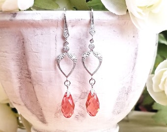 Padparadscha Salmon Orange  Swarovski Crystal Elements Dangle Earrings with Spade Connector – Cubic Zirconia Deco