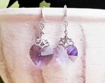 Purple Tanzanite Swarovski Crystal Heart Dangle Earrings with CZ Rhodium Plated Ear Wire