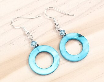 Aqua Blue Mother of Pearl Donut Dangle Earrings – Swarovski elements bicone beads