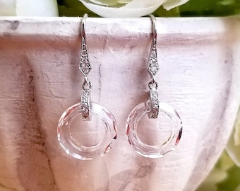 Clear Swarovski Crystal Elements Cosmic Donut Ring Dangle Earrings - Cubic Zirconia Ear Hooks