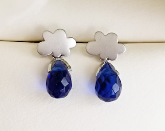 Blue Glass Quartz Briolette Stud Earrings-Cloud Shape Sterling Silver Ear Stem