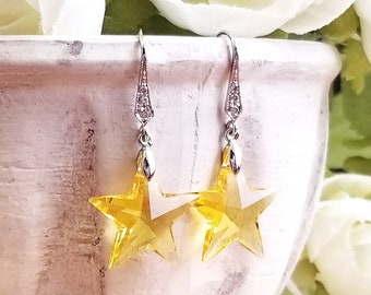 Yellow Swarovski Crystal Star Dangle Earrings with CZ Rhodium Plated Ear Wire