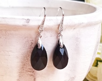 Jet Black Teardrop Swarovski Crystal Dangle Earrings with CZ Rhodium Plated Ear Hook