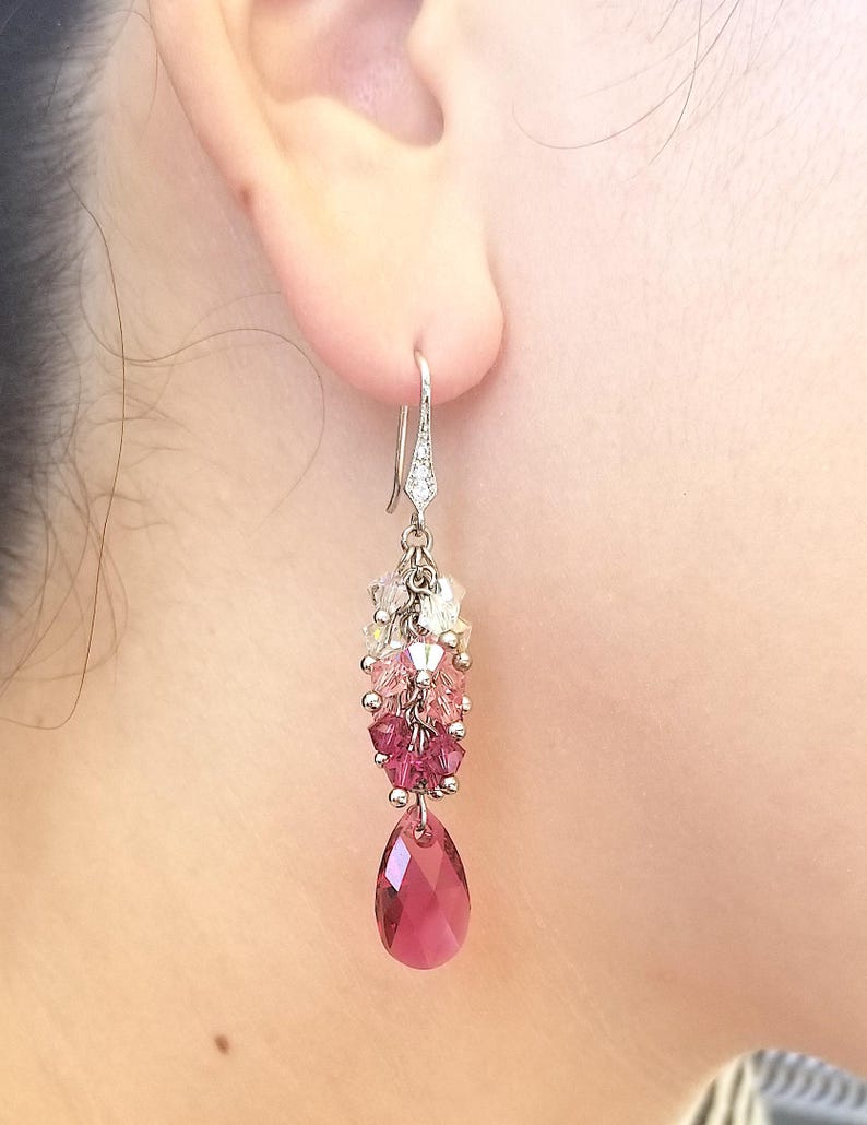 Boucles d'oreilles cascade rose rubis avec cristaux Swarovski Elements - Crochets originaux en rhodium et zircone image 8