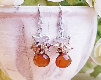 Honey Amber Chalcedony Bird Dangle Earrings - Swarovski Crystal Beads, Rhodium Plated Ear Wire