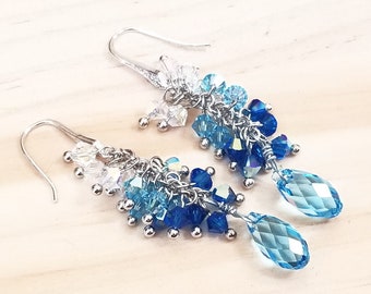 Aquamarine Sky Blue Briolette Swarovski Crystal Cascade Cluster Earrings w/ Cubic Zirconia Rhodium Plated Ear Wire