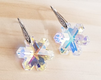 Aurora Borealis Swarovski Crystal Elements Snowflake Dangle Earrings - Cubic Zirconia Ear Hooks