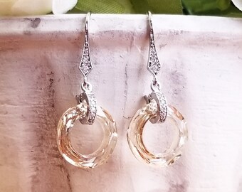 Golden Shadow Swarovski Cosmic Donut Ring Crystals Dangle Earrings with CZ Rhodium Plated Findings