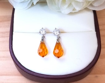 Orange Topaz Swarovski Crystal Element Drop Dangle Stud Earrings with Cubic Zirconia