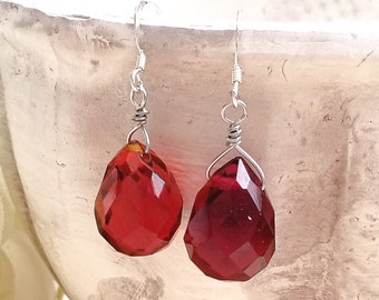 Red Glass Quartz Briolette Dangle Earrings with Sterling Silver Ear Wire