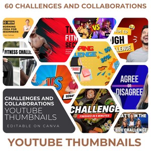May include: A collage of colorful YouTube thumbnail designs for challenges and collaborations. The thumbnails feature text like "Agree or Disagree", "Challenge Finished in 5 Minutes", and "Not to Tough Challenge".