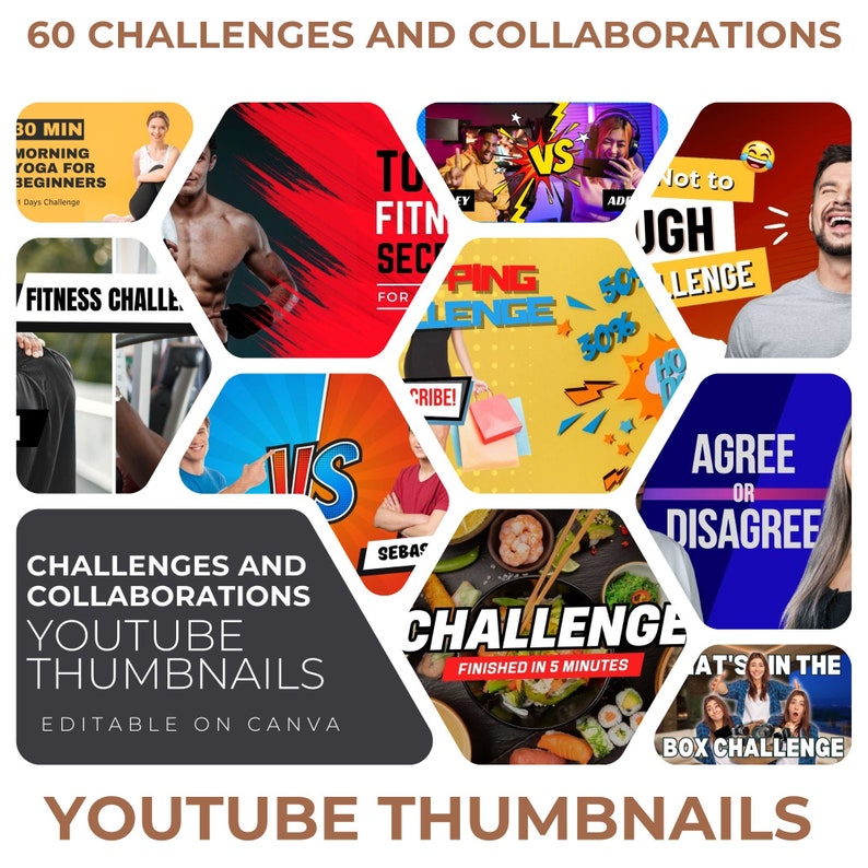 May include: A collage of colorful YouTube thumbnail designs for challenges and collaborations. The thumbnails feature text like "Agree or Disagree", "Challenge Finished in 5 Minutes", and "Not to Tough Challenge".